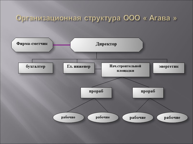 Организационная структура ООО « Агава » бухгалтер Гл. инженер Нач.строительной площадки энергетик прораб прораб Организационная структура ООО « Агава » бухгалтер Гл. инженер Нач.строительной площадки энергетик прораб прораб